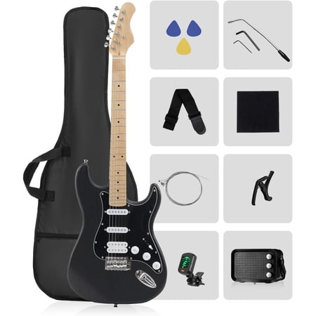 RST-150 39" Beginner Electric Guitar Kit with Amp & HSS Pickups | Complete Starter Set for Newcomers w/Essentials | Gig Bag, Extra Strings, Digital Tuner, Capo, Strap | Practice (Black)