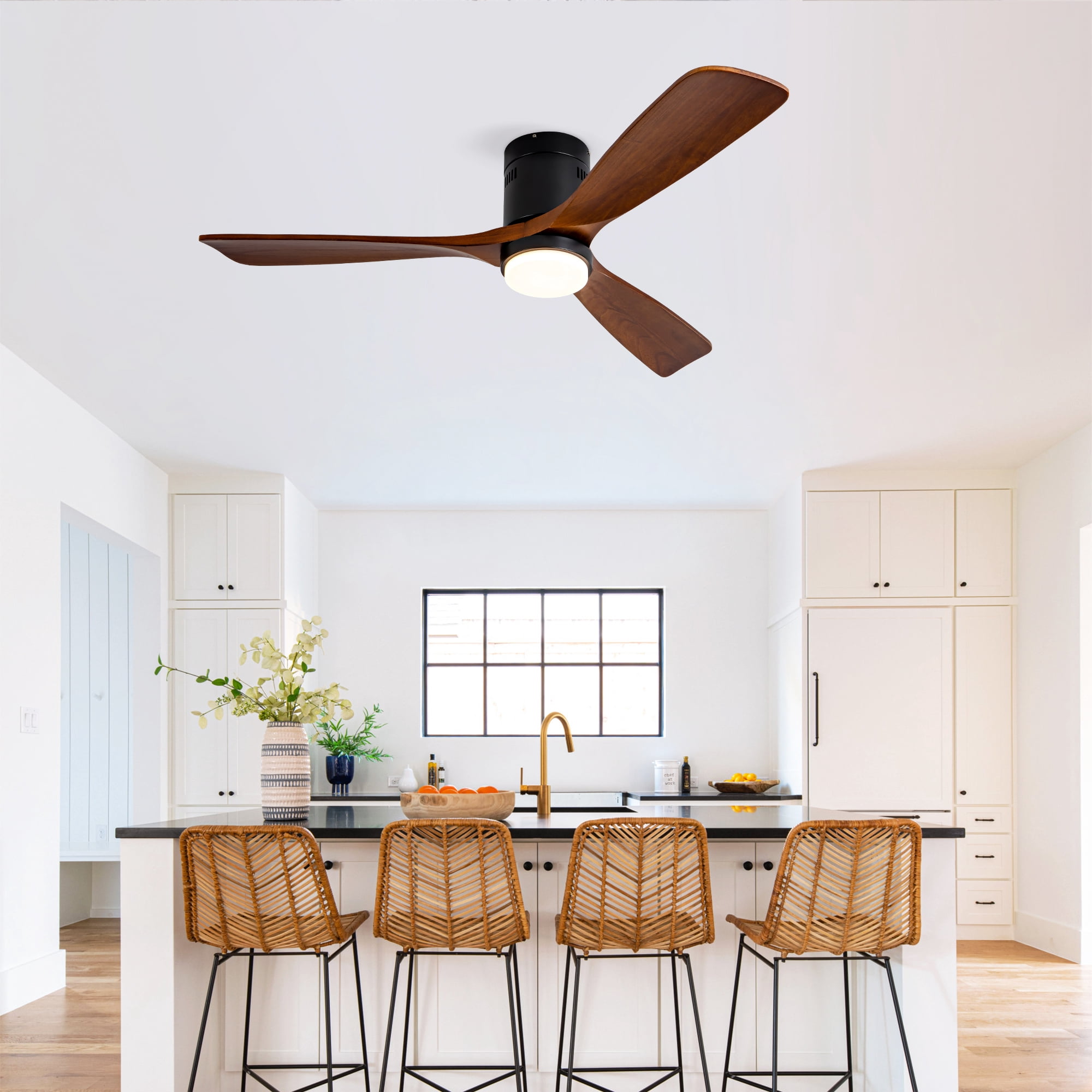 Ceiling Fan with Lights, 52 Inch Flush Mount Remote Control Wood Blades Ceiling Fan for Bedroom Farmhouse Indoor, Black