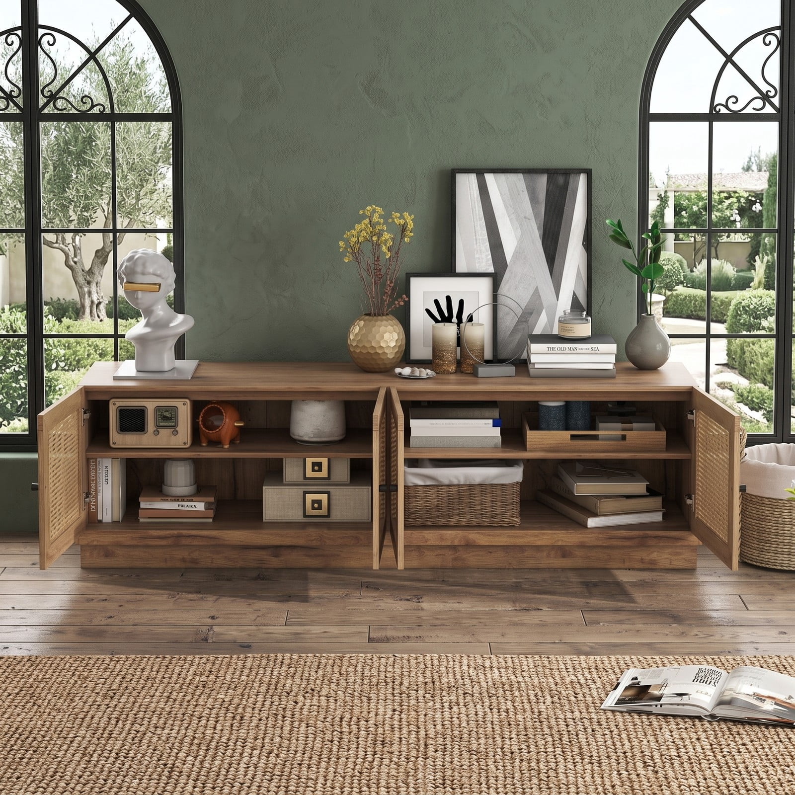 Furnibear Farmhouse TV Stand for TVs up to 75 Inches, 70 Inch Entertainment Center with PE Rattan Cabinet Doors and Adjustable Shelves, Rattan Media Console for, Oak