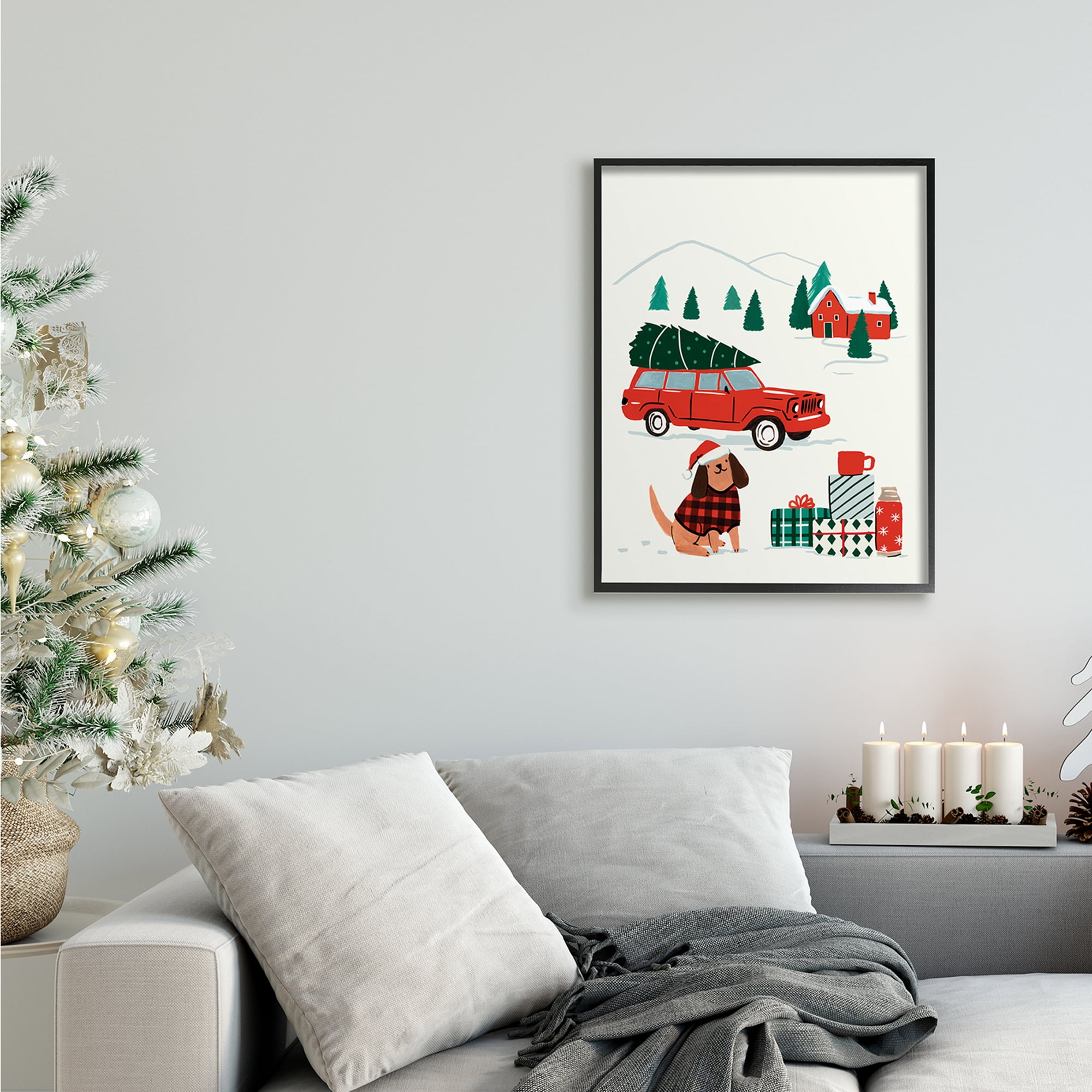 Stupell Industries Vintage Red Car Christmas Festive Santa Dog Holiday Painting Black Framed Art Print Wall Art, 24 x 30