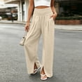 thumbnail image 2 of Wide Leg Linen Pants Women High Waisted Boho Beach Flowy Pants Pleated Casual Vacation Outfits Elastic Trousers Split Hem, 2 of 9