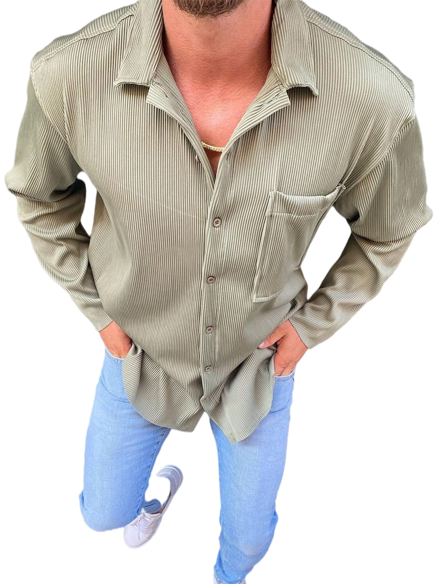 Generic Mens Button Down Long Sleeve Stretchy Shirts Vintage Denim Work Shirt 