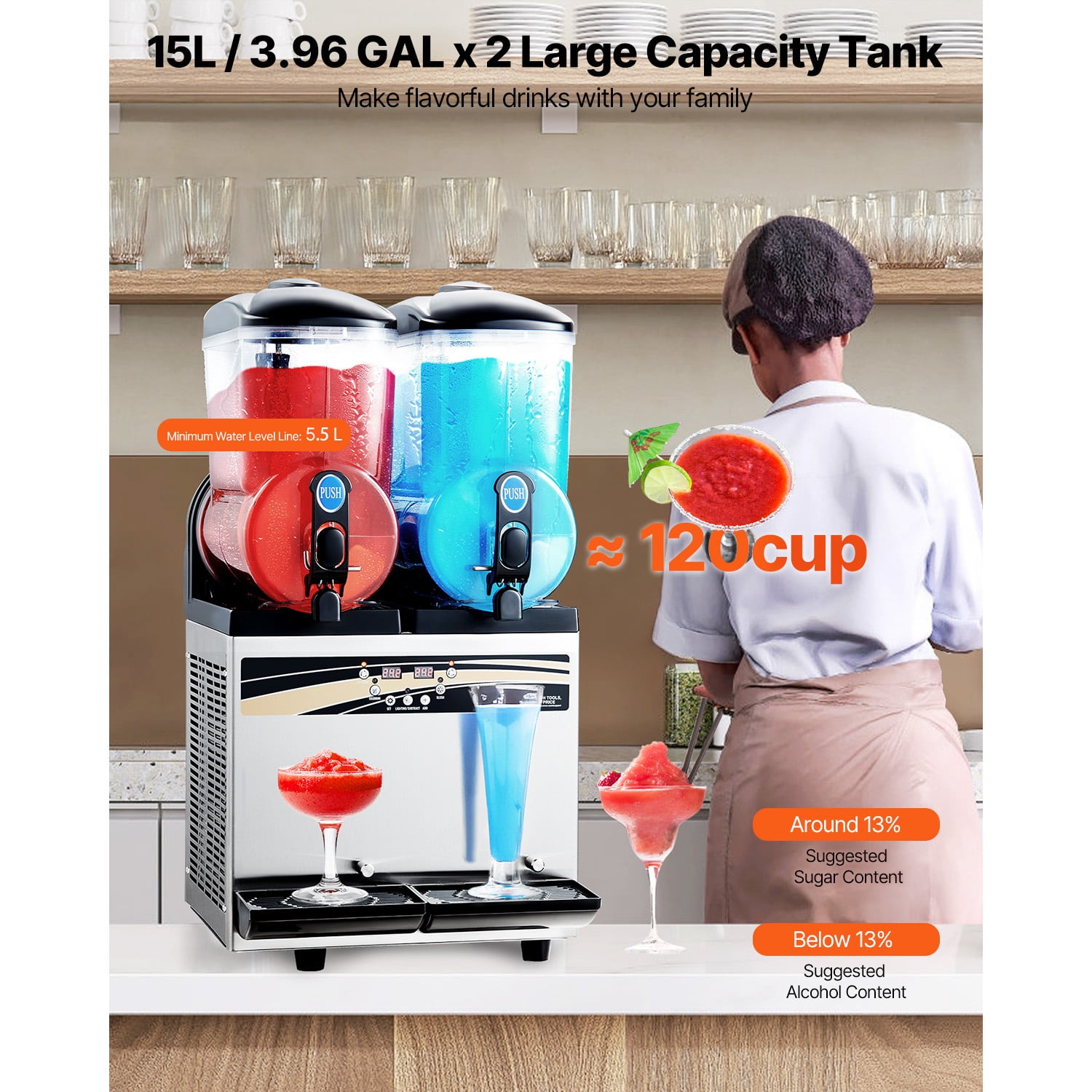 KFFKFF Commercial Frozen Drink Machine, 15Lx2 Dual Tank Slush Maker, Stainless Steel Smoothie and Margarita Machine for Parties, Restaurants, Cafes, and Bars