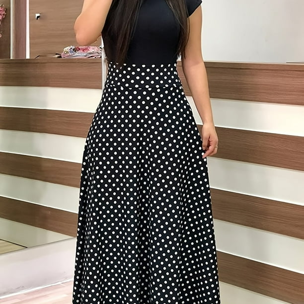 Vestido De Cuello Redondo Con Empalme Estampado, Elegante Vestido Largo Plisado De Cintura Delgada De Manga Corta, Ropa De Mujer