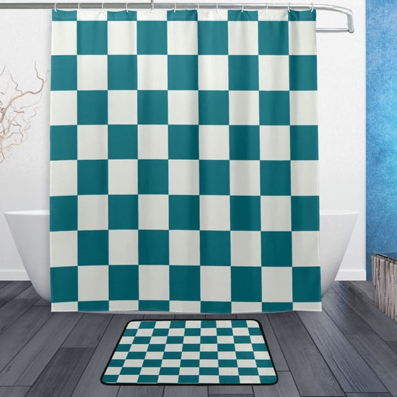 TTYFWHD 60" x 72" Shower Curtain and Bath Mat Set Dark Green Plaid Waterproof Bathroom Curtain with 12 Hooks, Bathroom Decor Set