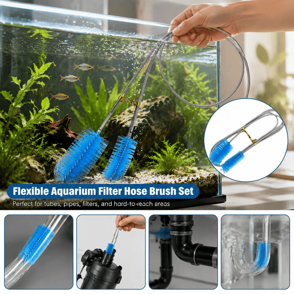 Flexible Aquarium Filter Hose Brush Set - Double-Ended Stainless Steel Tube Cleaner for Fish Tanks, Pipes, and Lab Use, Long Bendable Cleaning Brush (23.6 Inches)
