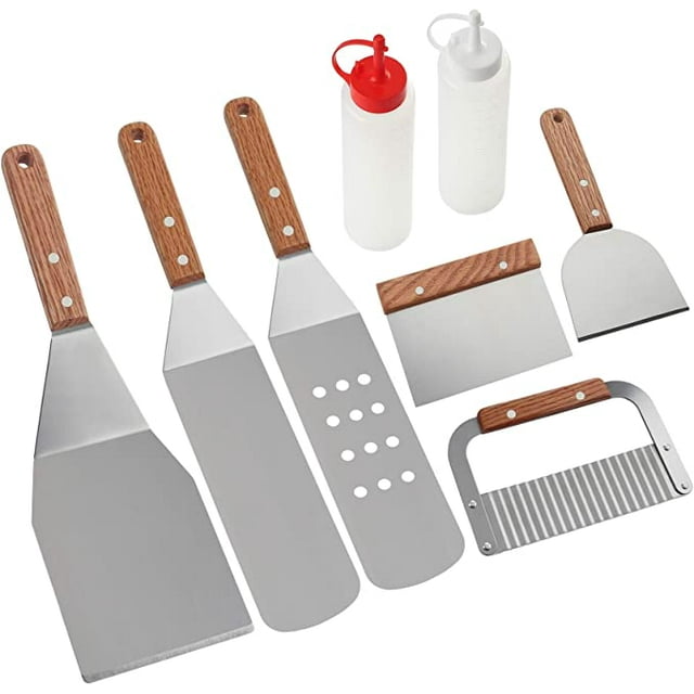 Ensemble d'Accessoires Professionnels pour Plaque de Cuisson 8 Pcs - Ensemble de Spatules de Gril en Acier Inoxydable Robuste pour Plaque de Cuisson à Surface Plane pour Cuisson Extérieure - Excellent Cadeau pour Gril pour Anniversaire Mariage