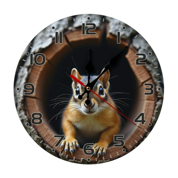 Squirrel Wildlife Wall Clock 10 Inch Silent Non Ticking Round Wooden Clock Decoration for Living Room Kitchen Bedroom Bathroom Office Classroom