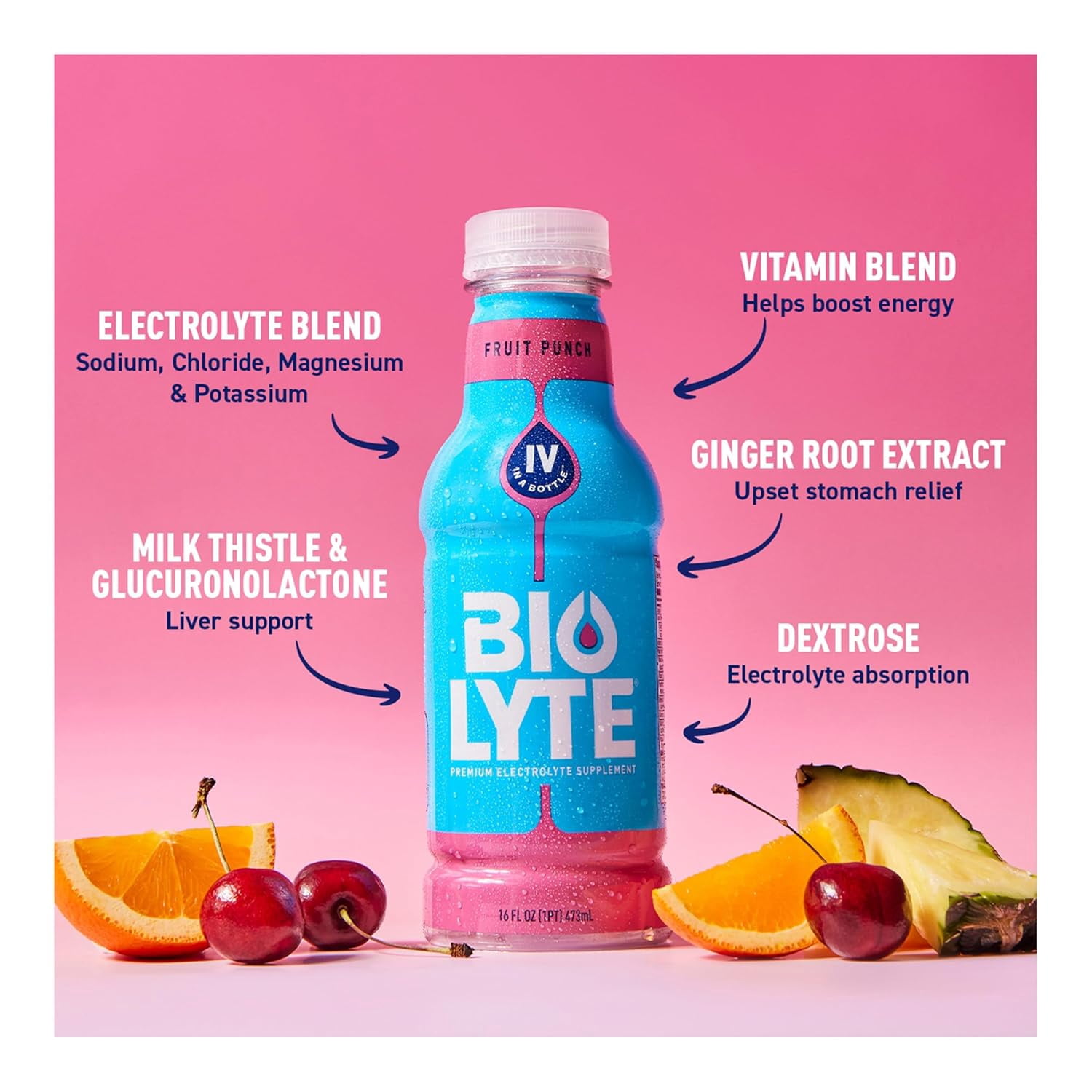 BIOLYTE Electrolyte Drink Chemotherapy Must Haves for Women & Men, Rehydration IV Liquid in a Bottle - Fruit Punch, 16 Fl Oz (4 Bottle )