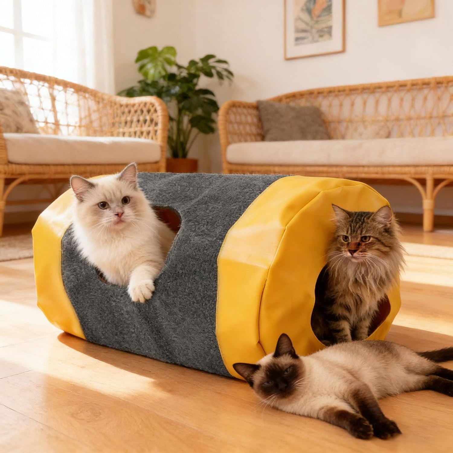 Foldable Cat Tunnel Bag, Interactive Pet Play Mat & Activity Center, Polyester & Leather Fabric Cat Toy with Storage for Indoor Cats (Yellow)