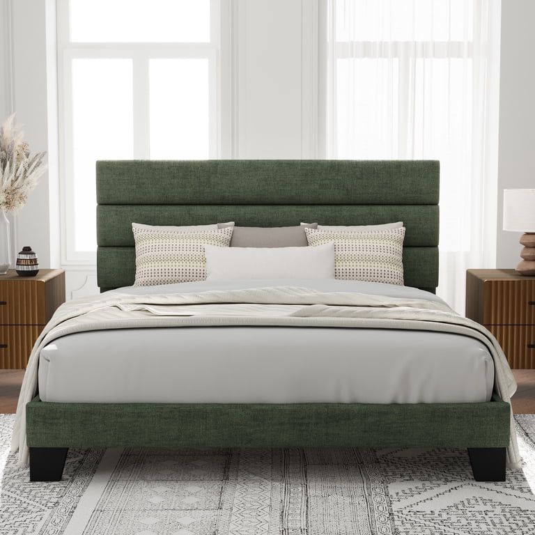 Allewie King Platform Bed Frame, Green Chenille Headboard photo 1