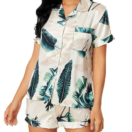 

FAIWAD Womens Pajama Set Print Sleepwear Suit Short Sleeve Lapel Button Tops with Short Pants (Medium White)