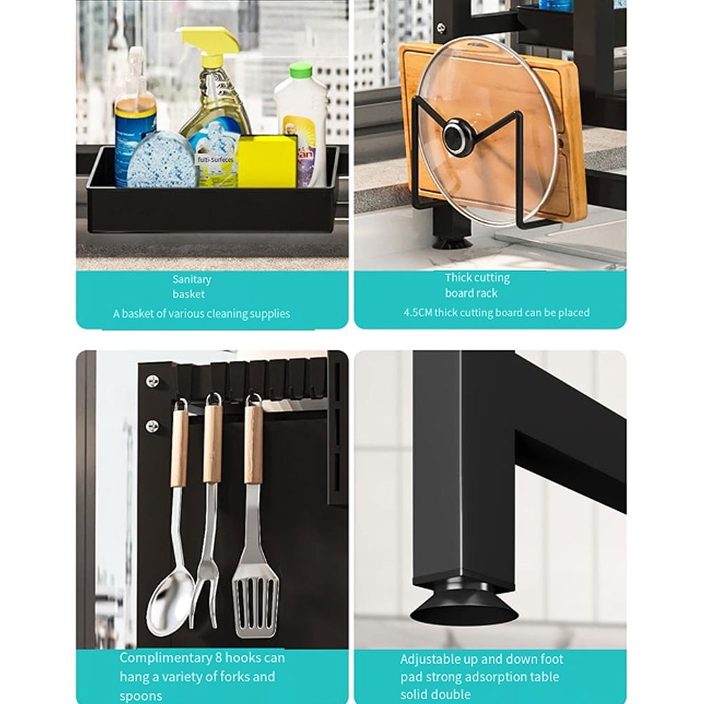 3-Tier Dish Drying Rack, 33.5" Over Sink Dish Rack for Small Kitchen, Space-Saving Dish Rack with Cover, Baskets, Utensil, Large Sink Storage Organizer Black