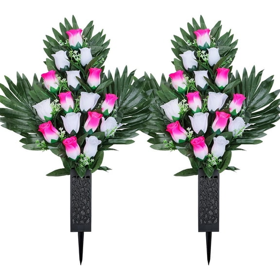 Sets of Artificial Cemetery Flowers, Outdoor Grave Decorations Roses Memorial Flowers, Accompanied by Long Nail Vases, Suitable for Cemetery and Home Decoration. (Pink White)