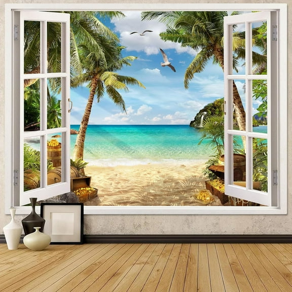 Beach Landscape Tapestry, Tropic Ocean Sea Island Palm Tree Seaside Tapestries for Living Room Summer Window Wall Hanging