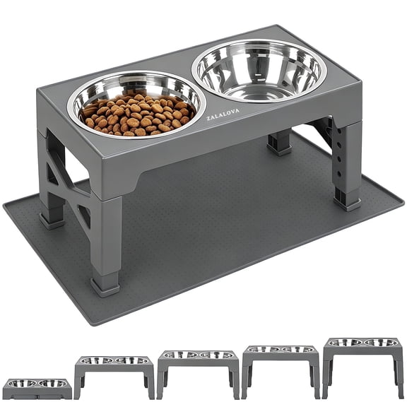 Elevated Dog Bowls with Mat, Raised Dog Food Bowl Stand with 2 Stainless Steel Bowls, 5 Height Adjustable(3.15", 8.9", 10",11.2", 12.4") for Medium and Large Dogs（Gray）