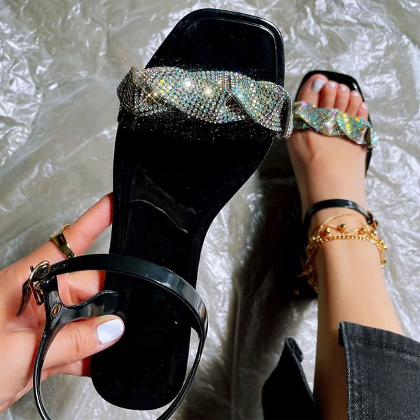 Sandalias de verano para mujer, sandalias planas sin cordones, zapatos romanos de cristal, sandalias informales con punta abierta Wmkox8yii nm8082