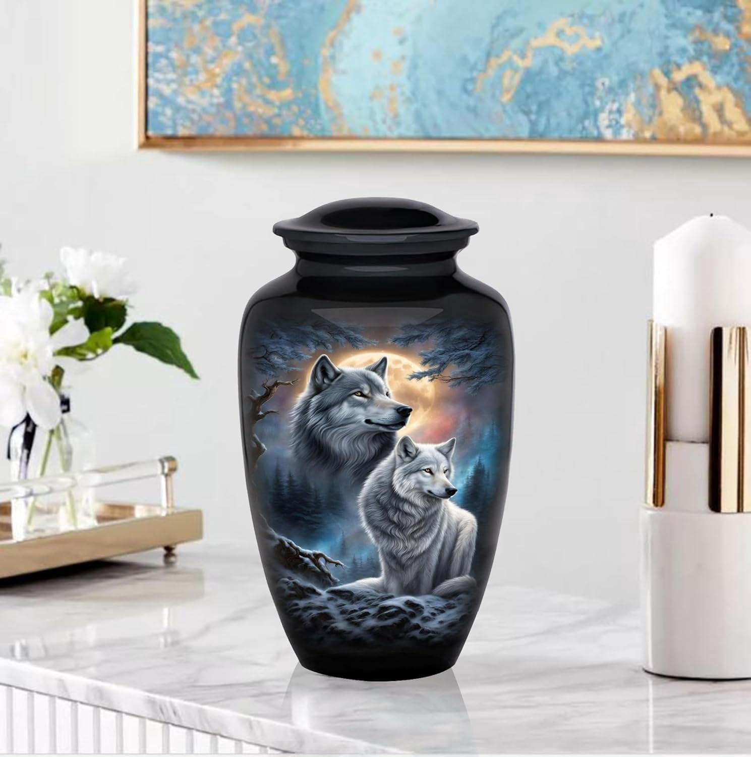 Wolf Night Full Moon Cremation Urn for Human Ashes - Adult Funeral Urn Handcrafted - Affordable Urn for Ashes