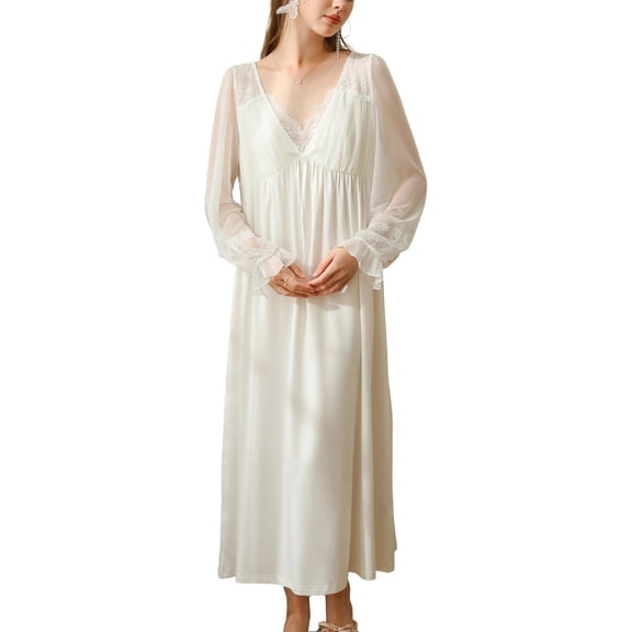 SWSMCLT Women's Fashion Victorian Nightgown Frill Vintage Flounce Loose Mid Calf Night Gown Night Dress Hi Waist Light Home Fall White Small
