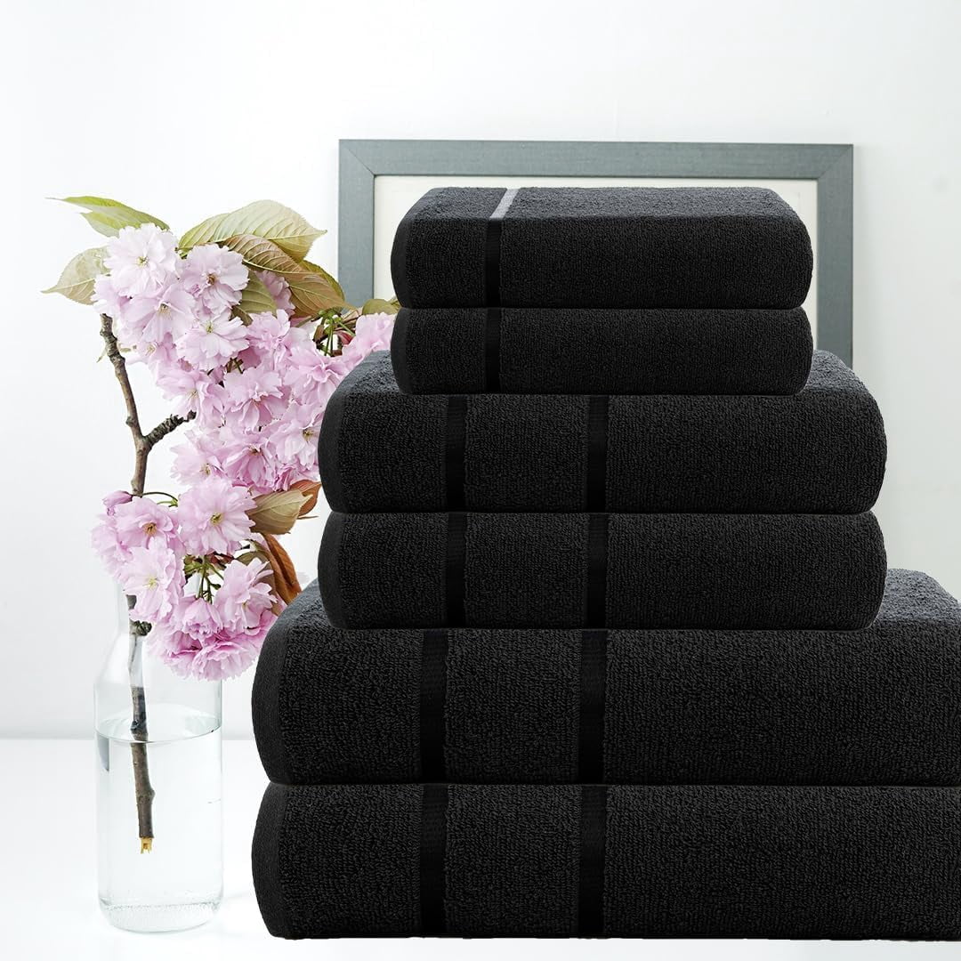 CASA COPENHAGEN Eternal 6 Pieces Towel Set- Black, 500 GSM 2 Bath Towel 2 Hand Towel 2 Washcloth, Designed in Denmark Made of Soft Egyptian Cotton for Bathroom, Kitchen & Shower
