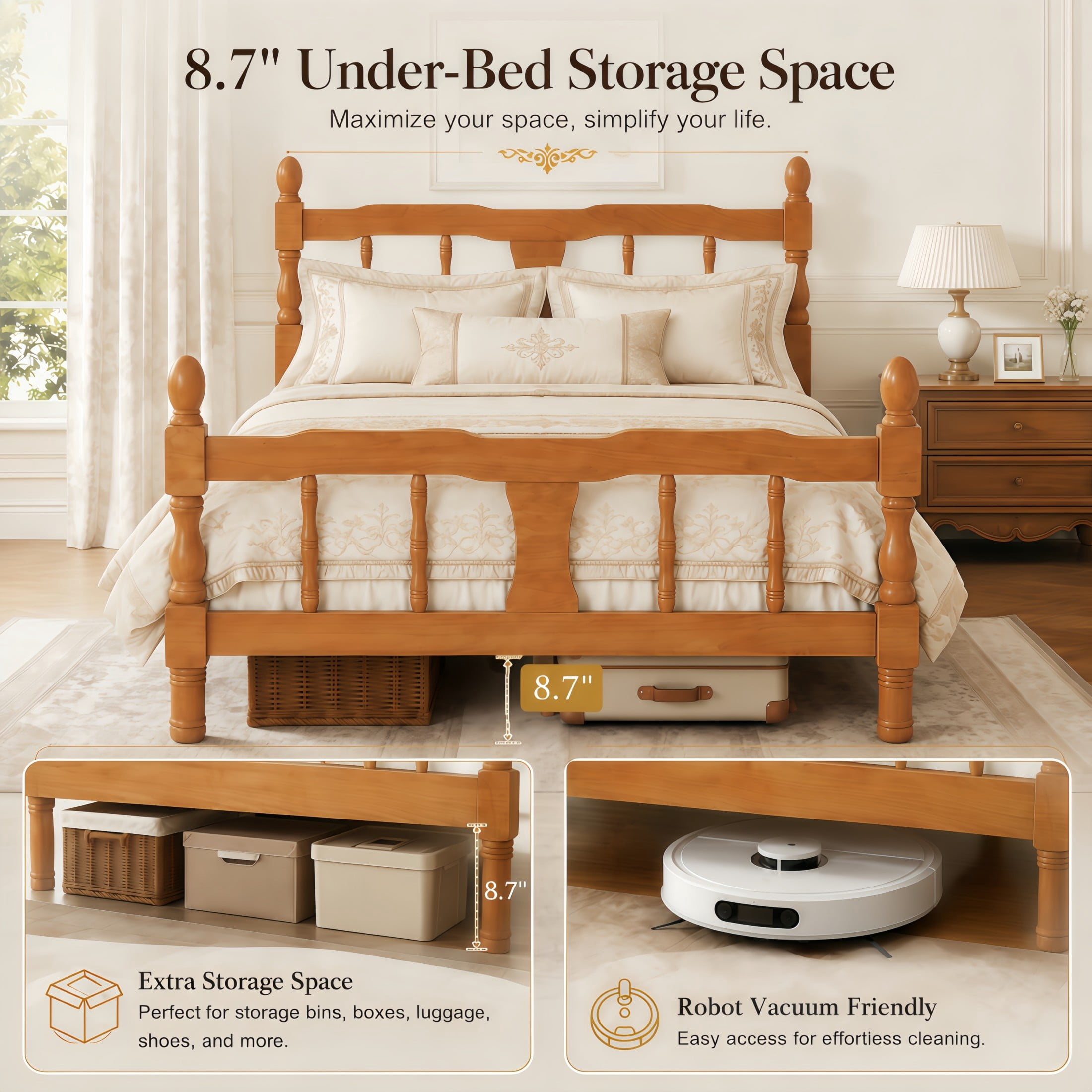 GDF Studio Betty Twin Size Wooden Platform Bed Frame with Spindle Headboard, Traditional Farmhouse Style, Walnut