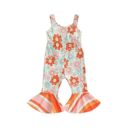

Qtinghua Infant Toddler Baby Girl Bell Bottom Floral Jumpsuit Sunflower Sleeveless Suspender Flare Pants Summer Clothes Apricot 12-18 Months