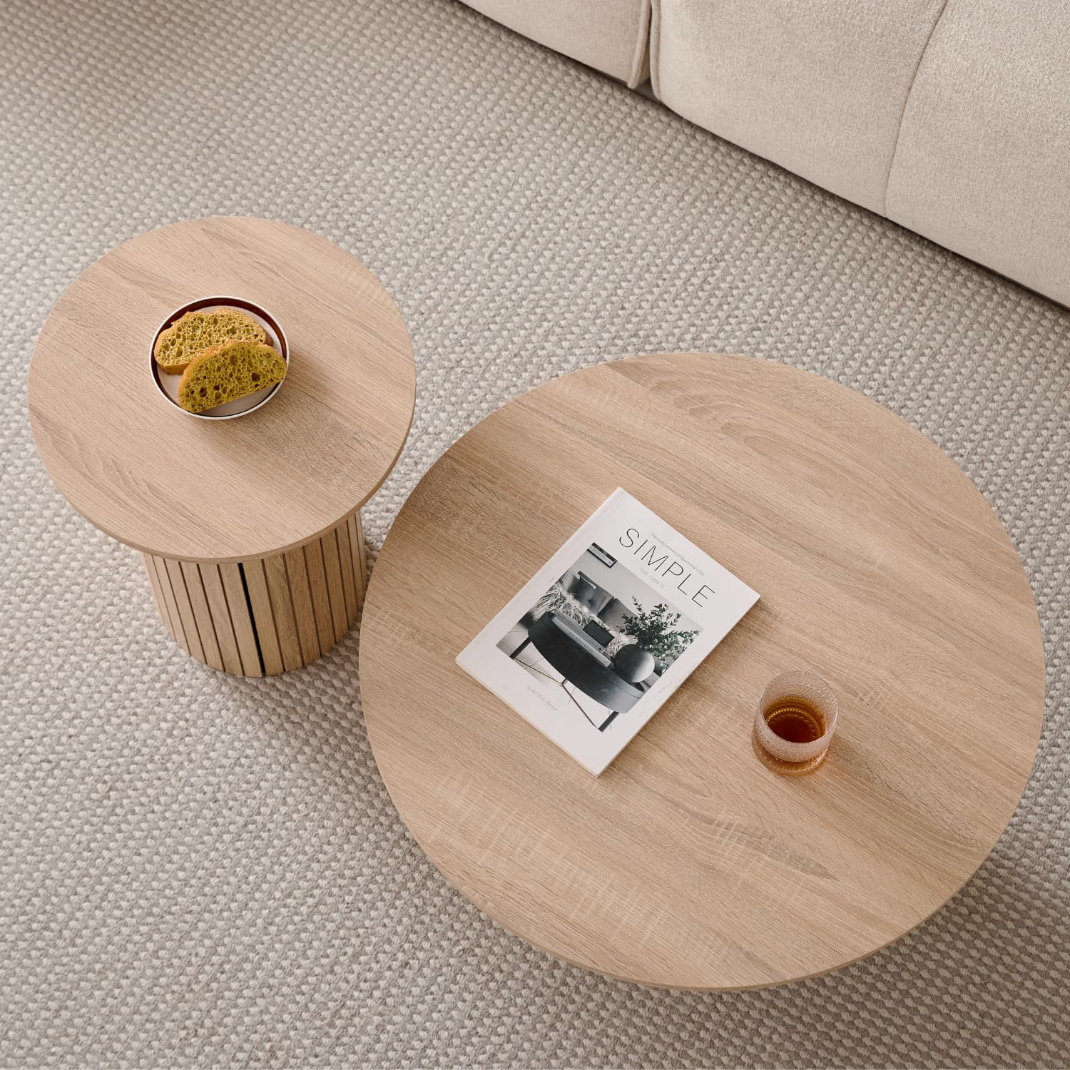 Round Nesting Coffee Tables Set of 2, Boho Wood Circle Side Table Fluted Drum, Farmhouse End Table for Living Room Bedroom, Apartment(Natural)