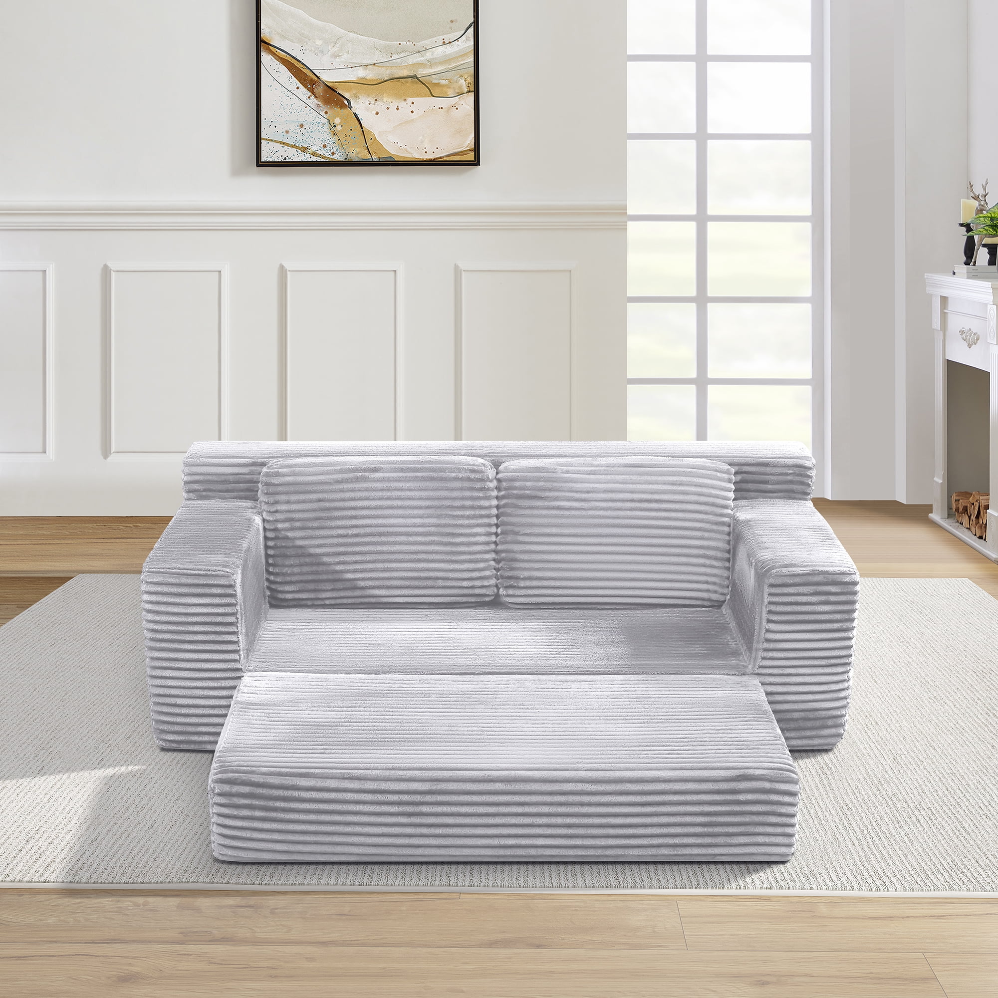 Corduroy Cloud Double Sofa, 2-in-1 Convertible Sofa Bed, Comfortable Boneless Double Sofa, Suitable for Living Room, Apartment, Small Space Grey