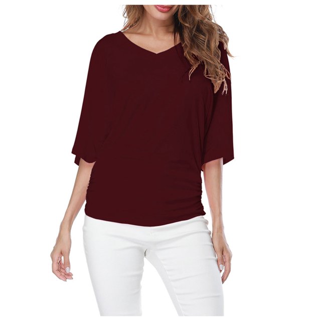Plus Size Women's V Neck T Shirt: Batwing Sleeve, Loose Fit, Solid Color, Comfortable