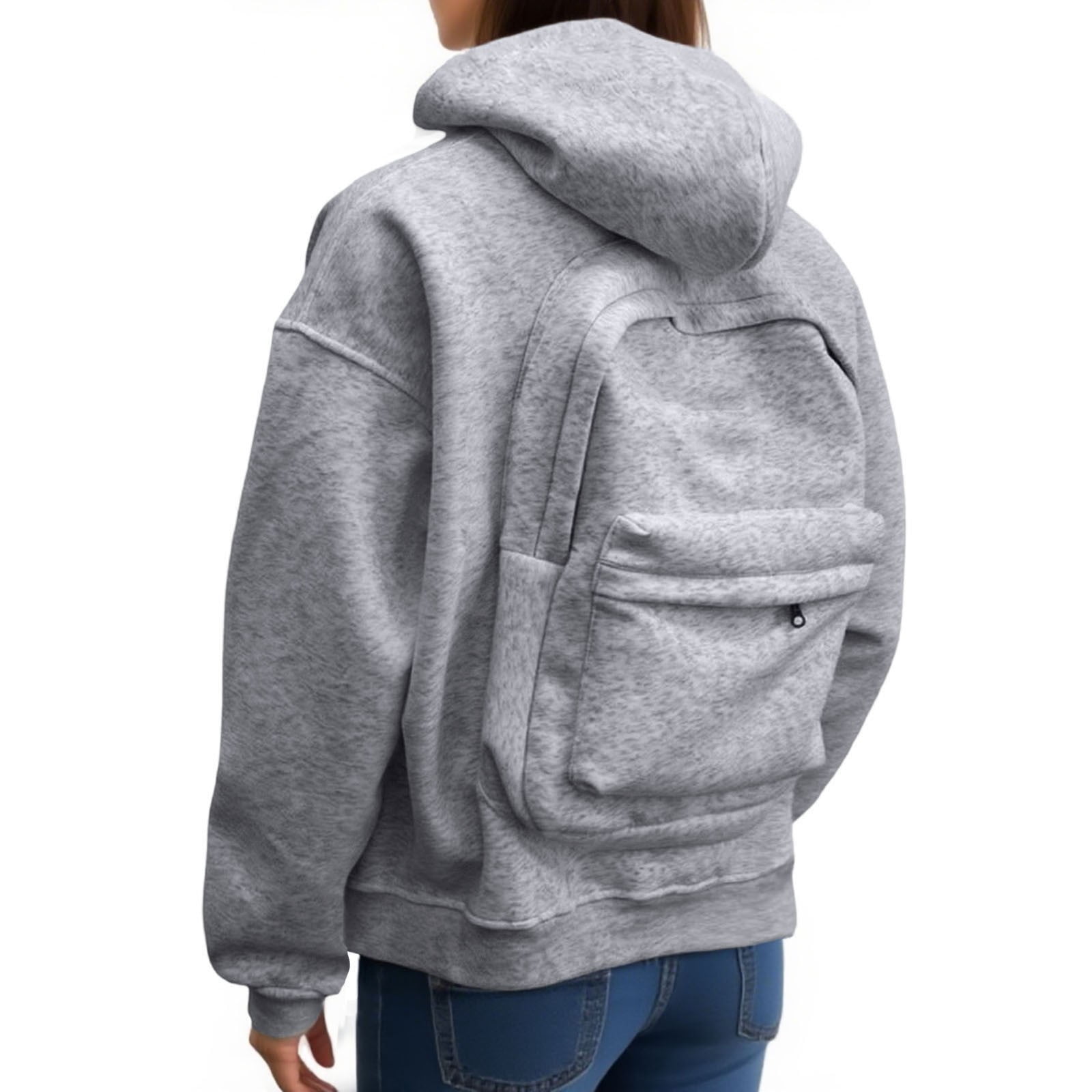 FEIFLY Women Men Casual Zip Up Hoodie With Backpack Design Front Pocket Lightweight Pullover Sweatshirt Long Sleeve Solid Color Outdoor Activities With Warm Velvet Inside