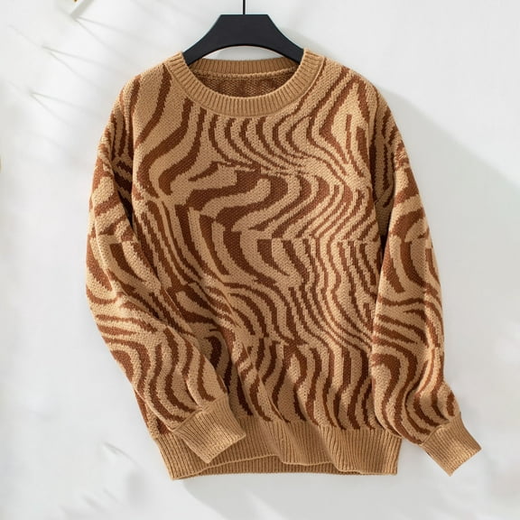 Tao Women's Zebra Pattern Pullover Knitted Sweater Winter Fall Fashion Pullover Crew Neck Sweater Pullover Sweaters BrownL