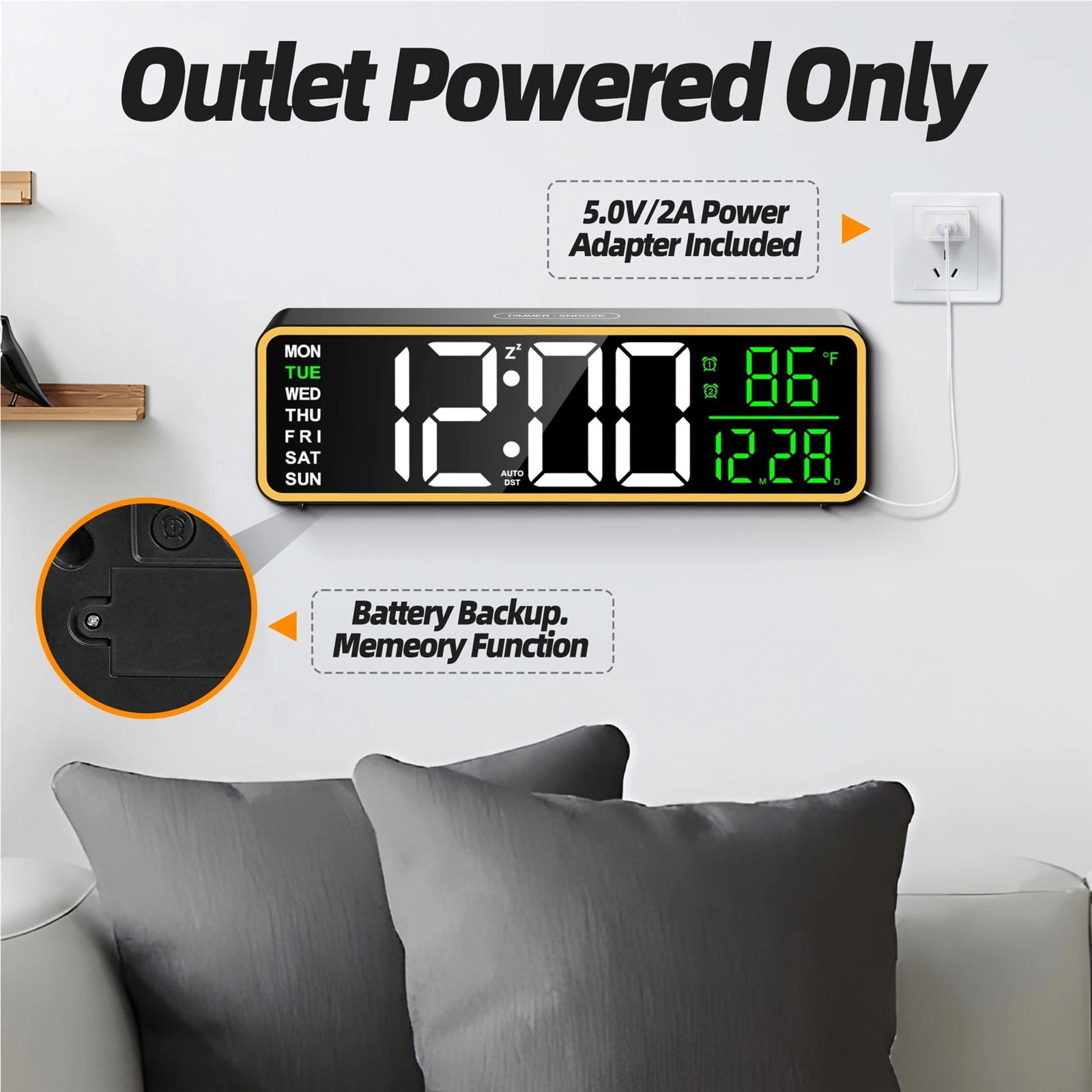 9" Digital Alarm Clocks for Bedroom, Large Display with Night Light, LED Temperature Calendar, Auto DST