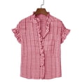 thumbnail image 6 of MaFYtyTPR Summer Women's Checked V-Neck Blouse Trendy Ruffle Trim Button Front Short Sleeve Casual Tops Loose Puff Sleeve Shirts for Women Z-Red XXL, 6 of 6
