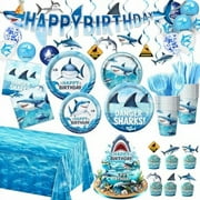 157 PCS Shark Birthday Party Decorations Includes Plates, Napkins, Cups, Cutlery, Cake Toppers, Banner, Hanging Swirls, Tablecloth, Balloon for Under The Sea Party Decorations