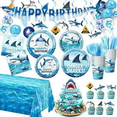 157 PCS Shark Birthday Party Decorations Includes Plates, Napkins, Cups, Cutlery, Cake Toppers, Banner, Hanging Swirls, Tablecloth, Balloon for Under The Sea Party Decorations