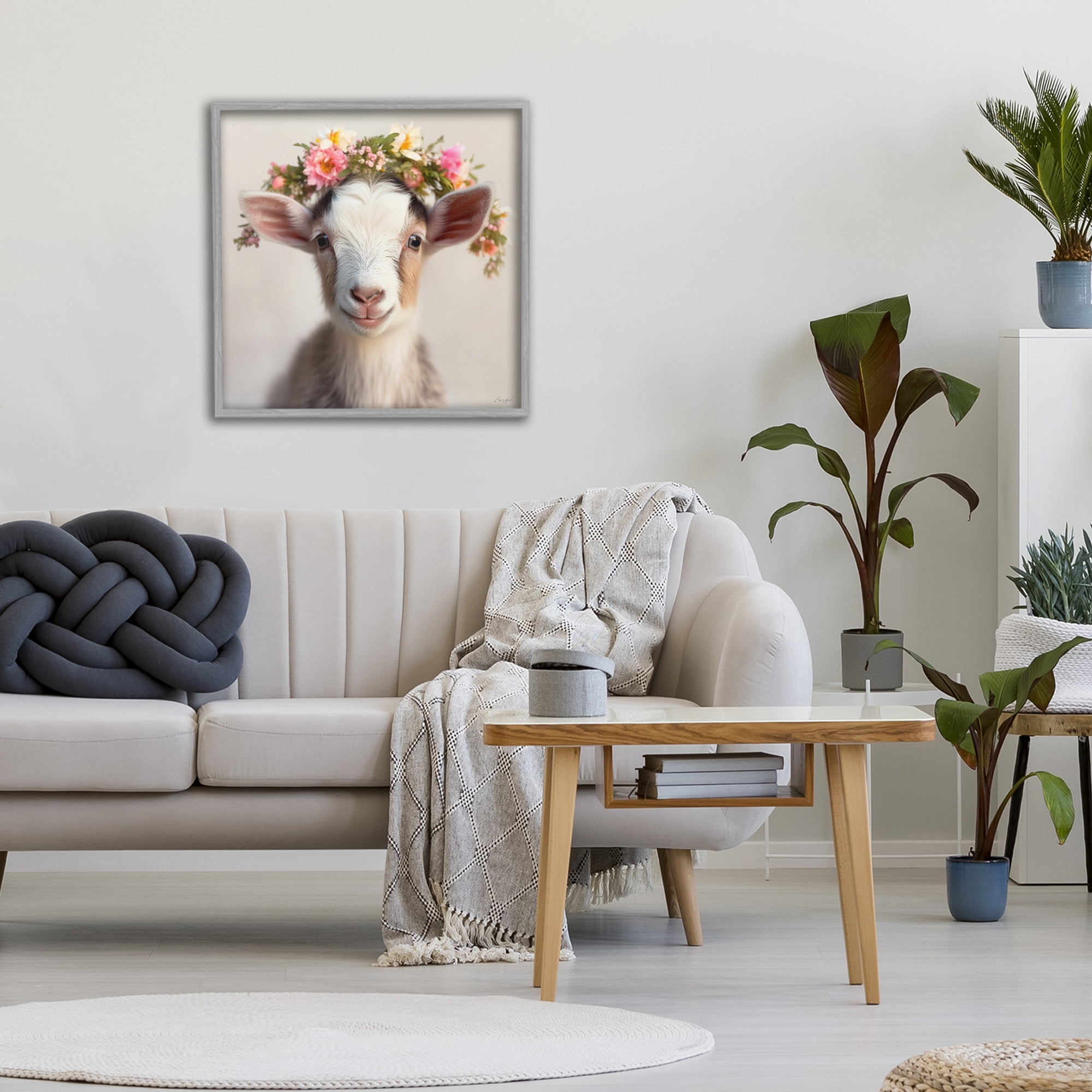 Stupell Industries Flower Crowned Goat Gray Framed Giclee Art, design by Roozbeh
