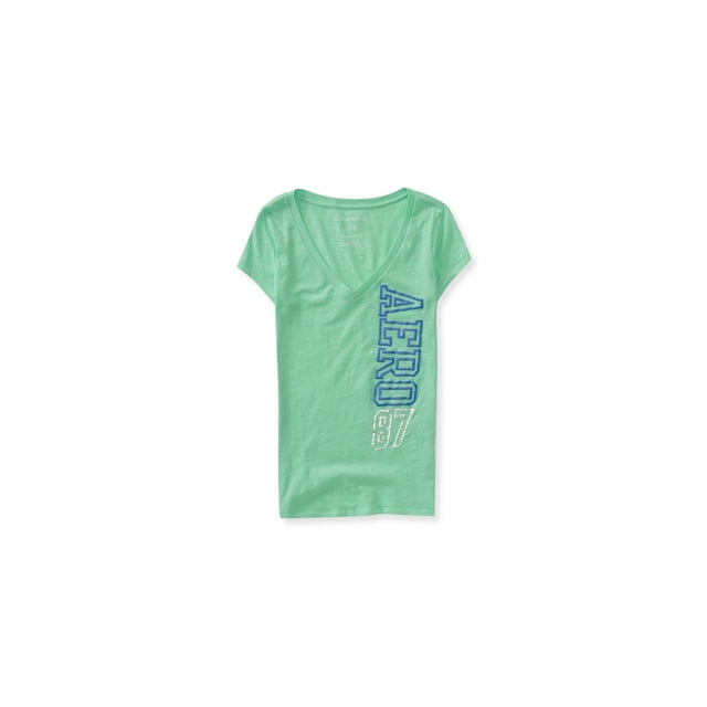 Aeropostale Sparkle Puff Paint - Camiseta adornada para mujer, verde, talla mediana Aeropostale Camiseta adornada