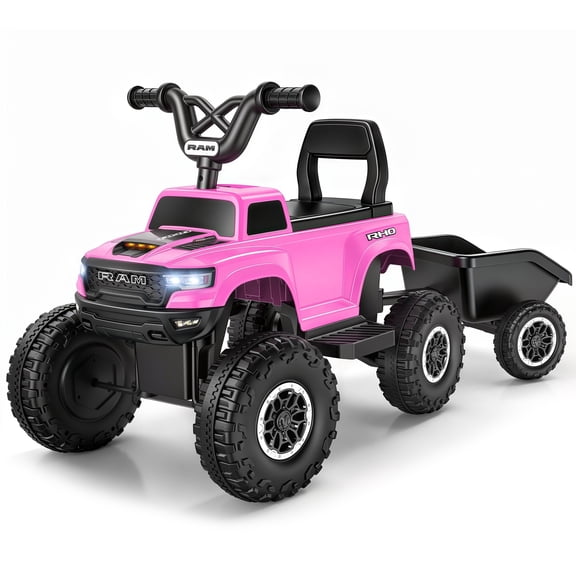 iYofe 12V Ram 1500 Ride on Toy with Trailer and Music, Battery Powered Kids ATV for Ages 2-4, Pink