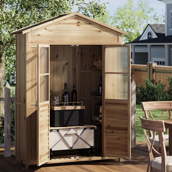 Outdoor Storage Cabinet Wooden Patio Storage Shed, Weatherproof Fir Wood Garden Tool Organizer with Waterproof Roof, 6 Adjustable Shelves, Anti-Tip Kits, and Ground Stakes for Yard Equipment