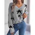 thumbnail image 3 of V Neck Star Pattern Distressed Detail Cropped Sweater for Women Gray Small, 3 of 5