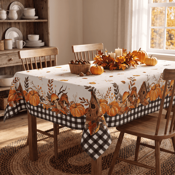 Sm:)e Buffalo Plaid Fall Thanksgiving Table Cloth 60 x 84 Inch Rectangle, Pumpkin Birdhouse Mushroom