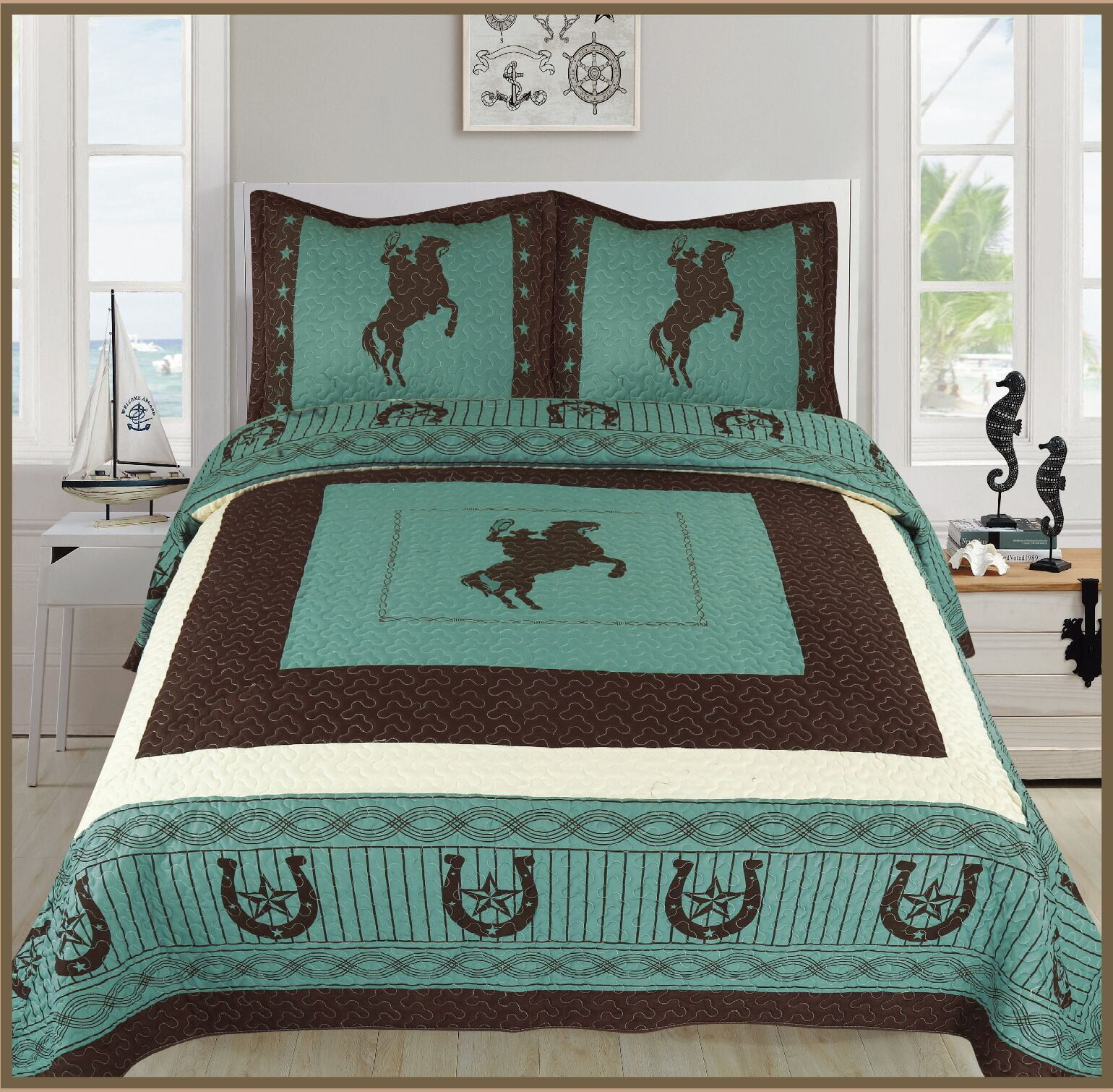 Turquoise Western Horse Bedding Set Quilt & Shams Set Blanket Teal