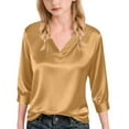 thumbnail image 3 of OGLCCG Girls Silk Satin Blouse Dressy Casual V Neck 3/4 Length Sleeve Tees Tops Solid Color Lightweight Summer T Shirts 4-15 Years, 3 of 7
