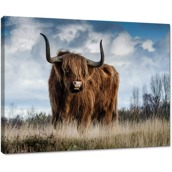 Aaheei Highland Cow Canvas Wall Art Blue Sky and White Clouds Plateau Cattle Wall Art Brown Highland Cow Stands on the Green Grassland Canvas Print Poster Home Office Decor