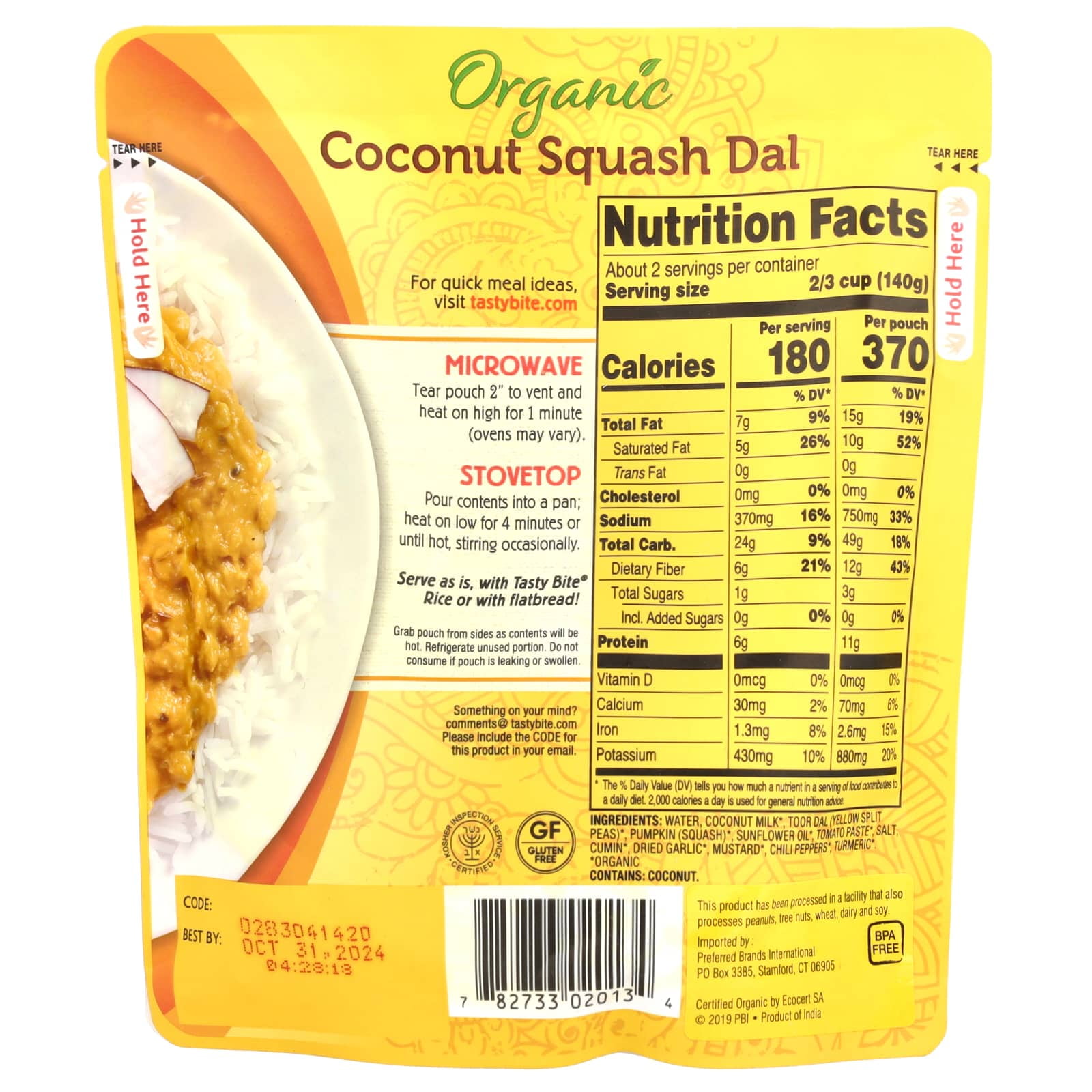 Tasty Bite, Organic Indian Coconut Squash Dal, Mild, 10 oz Pack of 2