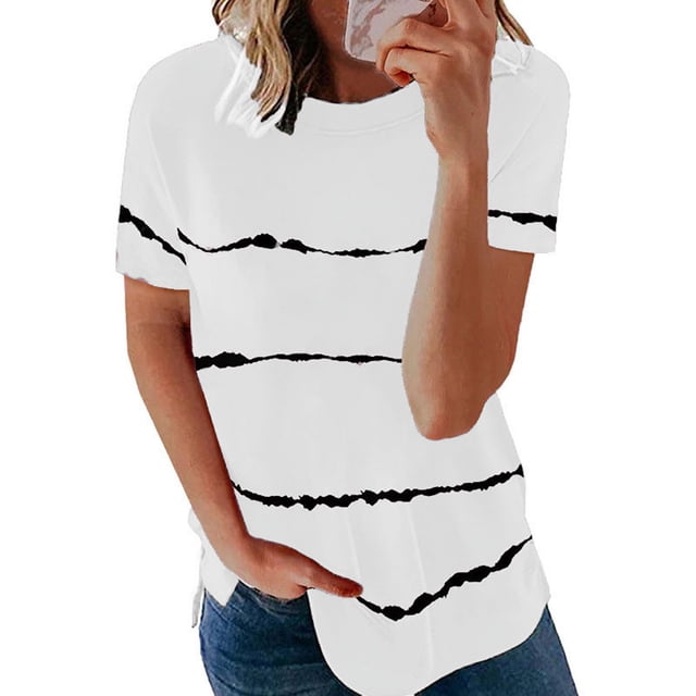 Pxiakgy T-Shirts pour Femmes Mode T-shirt Ample à Manches Courtes Col Rond Imprimé Rayé Hauts T-Shirts pour Femmes Blanc + m