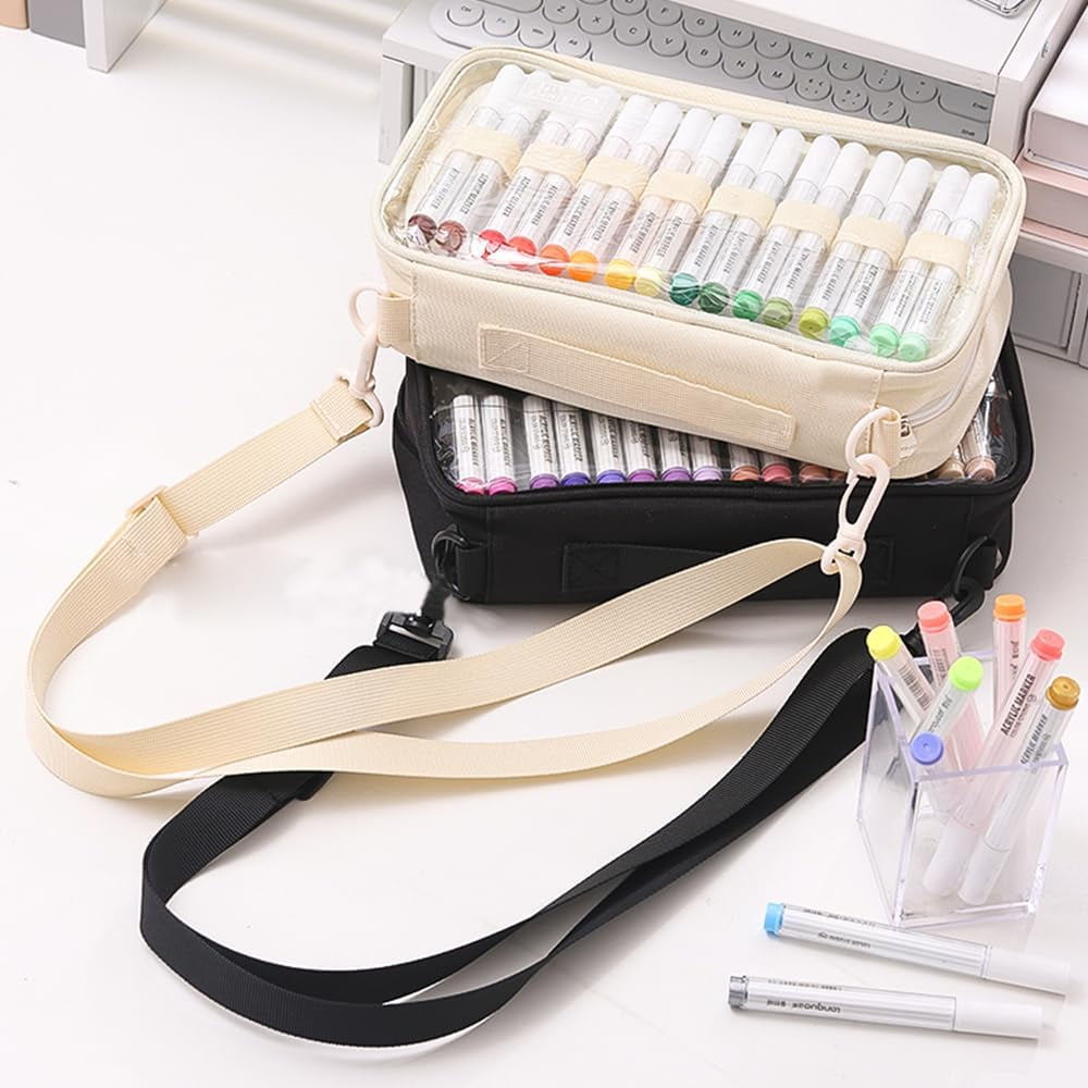 ABPETE  Marker Organizer Case for 64 paint markers, Marker Carrying Bag with Handle, Waterproof Pen Pouch Bag for Travel,Off White(Excluding Marker)