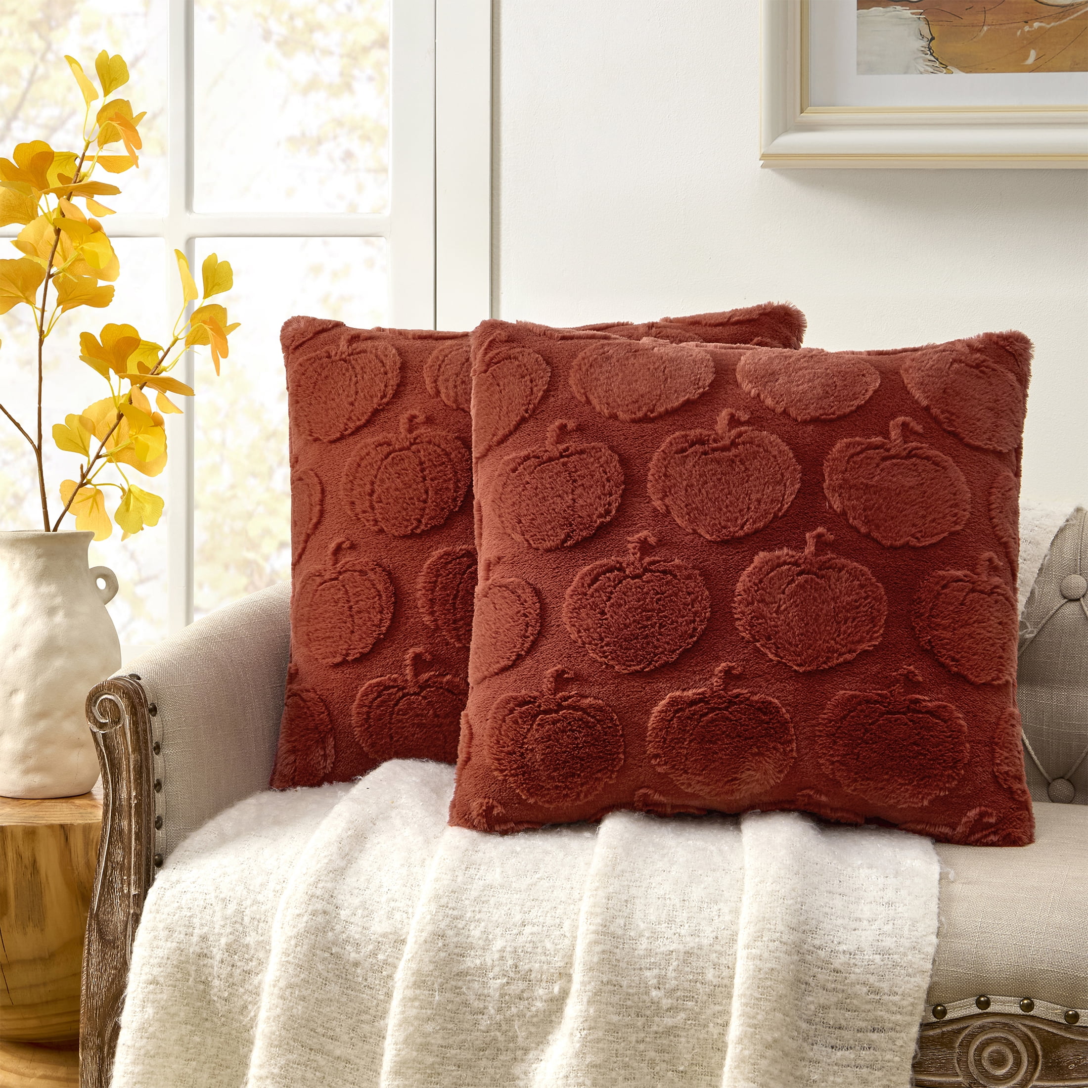 Mainstays 18" x 18" Orange Carved Faux Fur Pumpkin Decorative Pillows (2 Count)
