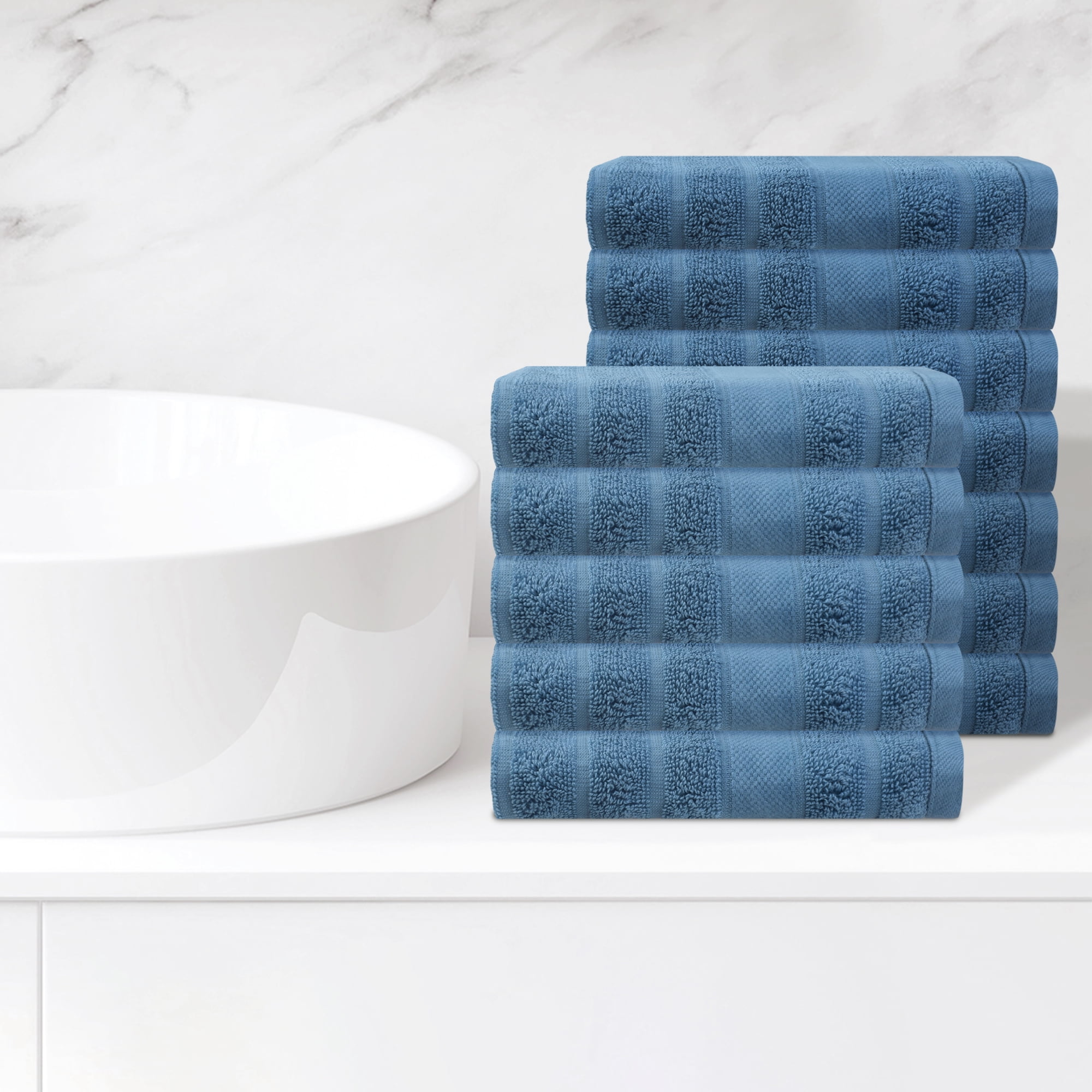 REGALWOVEN Striped 12 Pack Washcloths Pure Cotton Face Towels Comfort Towels Blue