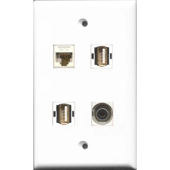 RiteAV - 2 Port USB A-A and 1 Port 3.5mm and 1 Port Cat6 Ethernet White Wall Plate